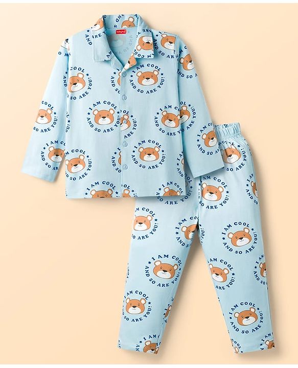 Babyhug Cotton Knit Full Sleeves Shirt & Pyjama Co-ord Night Suit With Teddy Bear Print - Light Blue