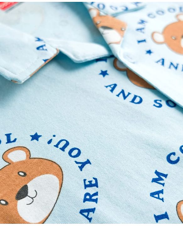 Babyhug Cotton Knit Full Sleeves Shirt & Pyjama Co-ord Night Suit With Teddy Bear Print - Light Blue