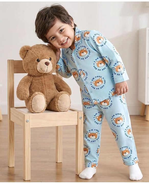 Babyhug Cotton Knit Full Sleeves Shirt & Pyjama Co-ord Night Suit With Teddy Bear Print - Light Blue