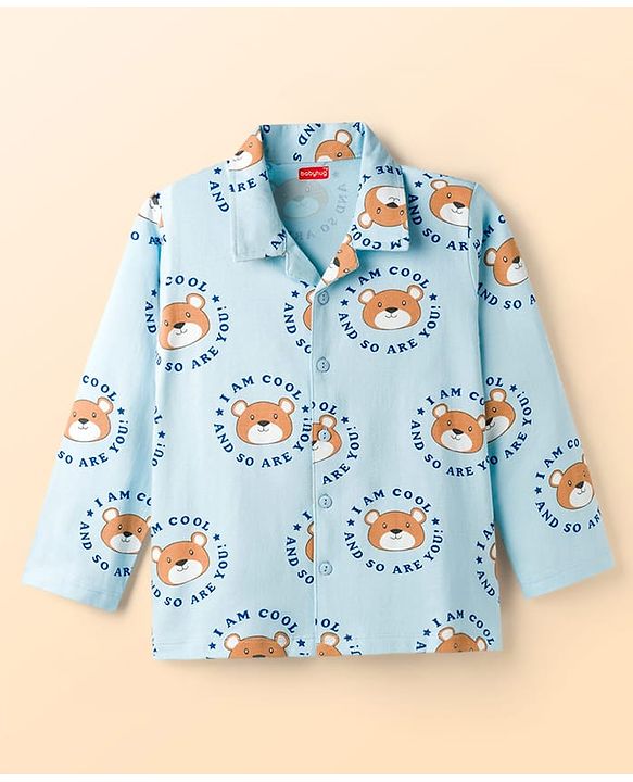 Babyhug Cotton Knit Full Sleeves Shirt & Pyjama Co-ord Night Suit With Teddy Bear Print - Light Blue