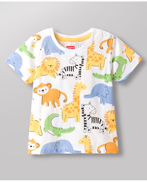 Babyhug 100% Cotton Knit Half Sleeves Animal Printed T-Shirt - Multicolour