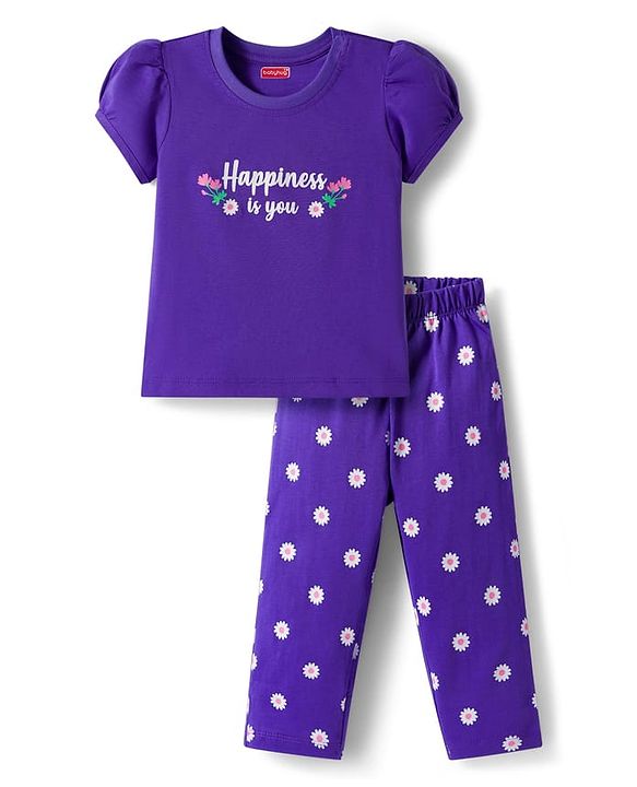 Babyhug Cotton Knit Half Puffed Sleeves T-Shirt & Pajama Night Suit with Floral Print - Purple