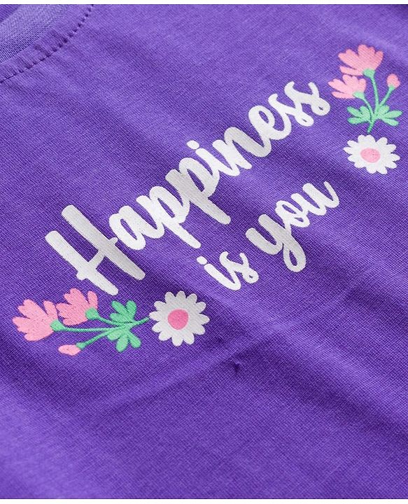 Babyhug Cotton Knit Half Puffed Sleeves T-Shirt & Pajama Night Suit with Floral Print - Purple