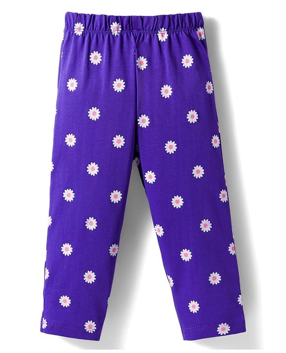 Babyhug Cotton Knit Half Puffed Sleeves T-Shirt & Pajama Night Suit with Floral Print - Purple