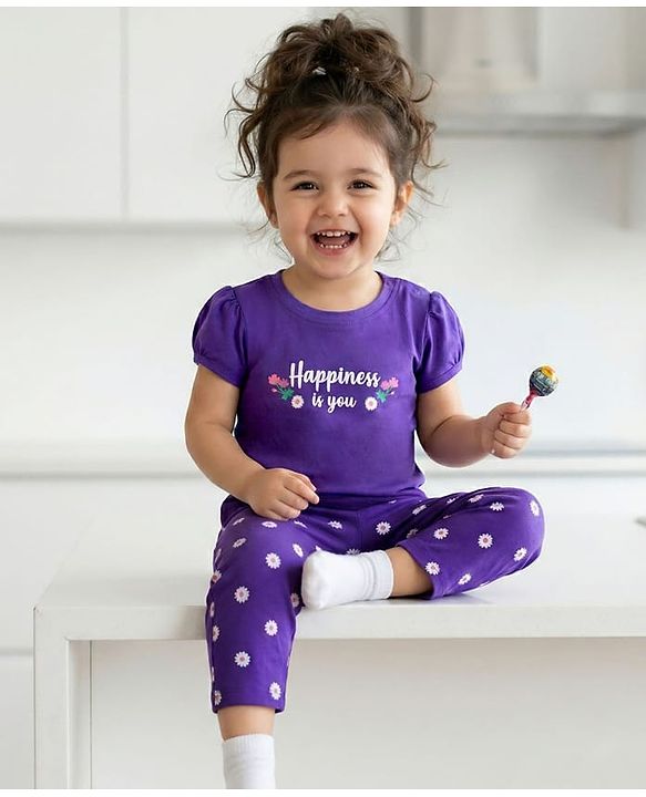Babyhug Cotton Knit Half Puffed Sleeves T-Shirt & Pajama Night Suit with Floral Print - Purple