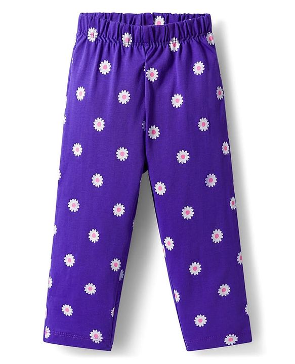 Babyhug Cotton Knit Half Puffed Sleeves T-Shirt & Pajama Night Suit with Floral Print - Purple