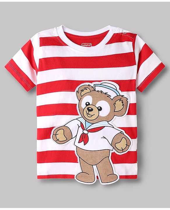 Babyhug Cotton Knit Half Sleeves T-Shirt With Teddy Bear Patch - Multicolor