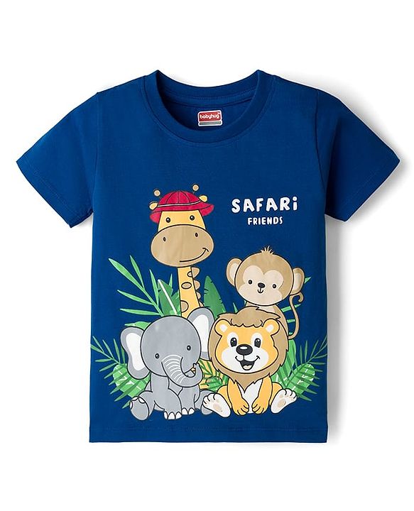 Babyhug Cotton Knit Half Sleeves T-Shirt With Animal Print - Navy Blue