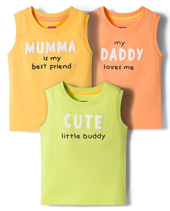 Babyhug Cotton Knit Sleeveless Tank T-Shirt With Text Print Pack of 3 - Multicolor