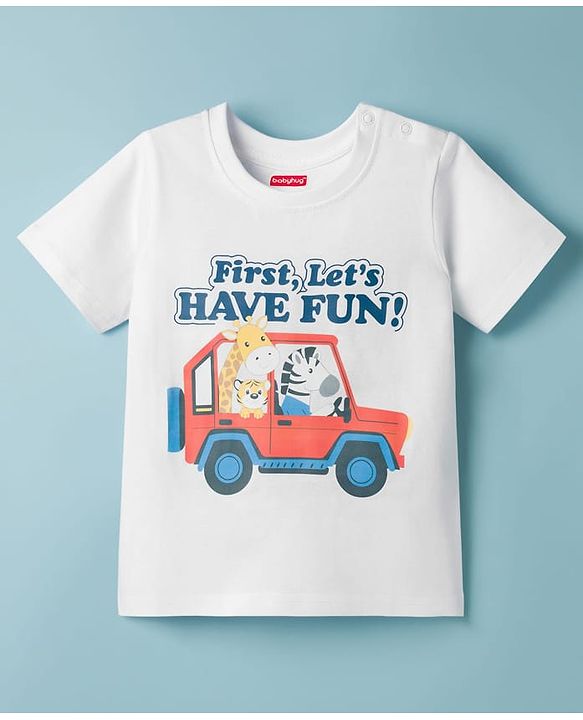 Babyhug Cotton Knit Half Sleeves T-Shirt with Safari Theme Print - White