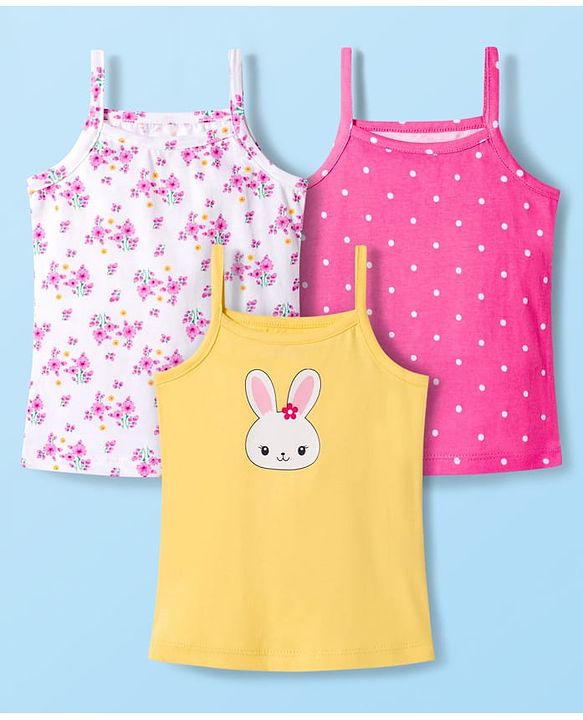 Babyhug 100% Cotton Knit Sleeveless Floral, Bunny & Polka Dots Printed Slips Pack of 3 - White, Yellow & Pink