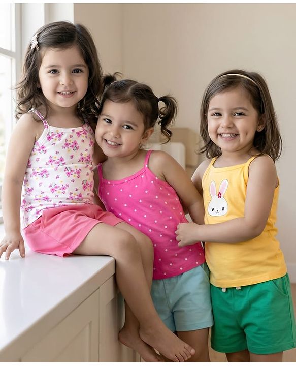 Babyhug 100% Cotton Knit Sleeveless Floral, Bunny & Polka Dots Printed Slips Pack of 3 - White, Yellow & Pink