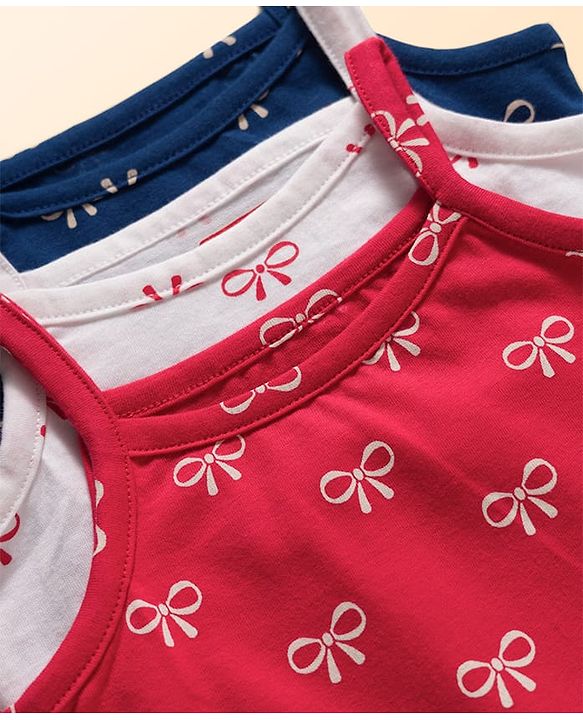 Babyhug 100% Cotton Knit Sleeveless Slips with Bow Print Pack of 3 - Navy Blue Dark Pink & White
