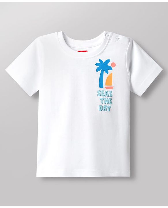 Babyhug Cotton Knit Half Sleeves T-Shirt with Front & Back  Beach Theme Print - White