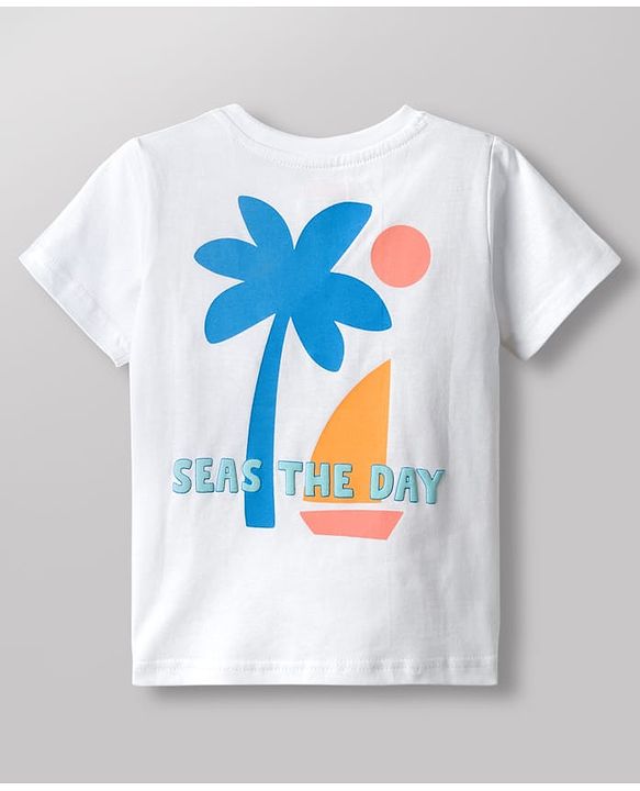 Babyhug Cotton Knit Half Sleeves T-Shirt with Front & Back  Beach Theme Print - White