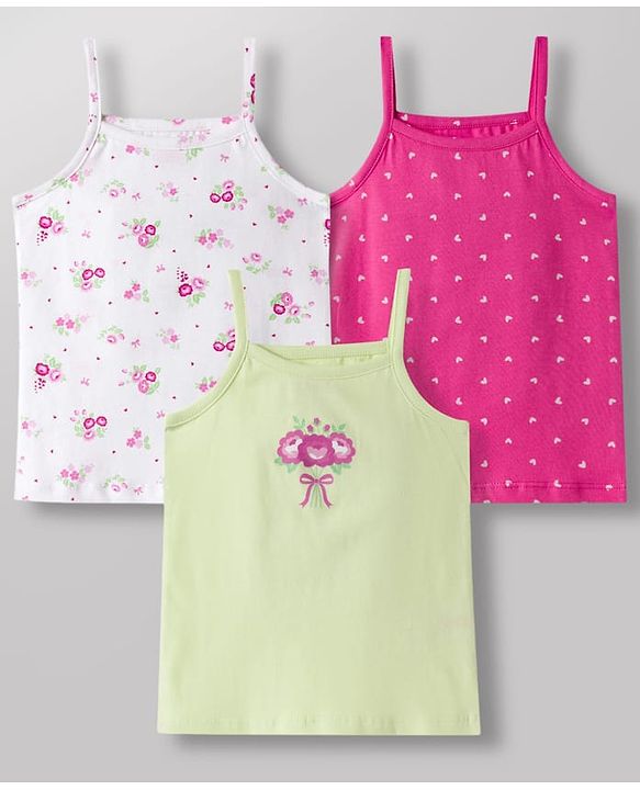 Babyhug 100% Cotton Knit Sleeveless Slips with Heart & Floral Print Pack of 3 -Pink & White