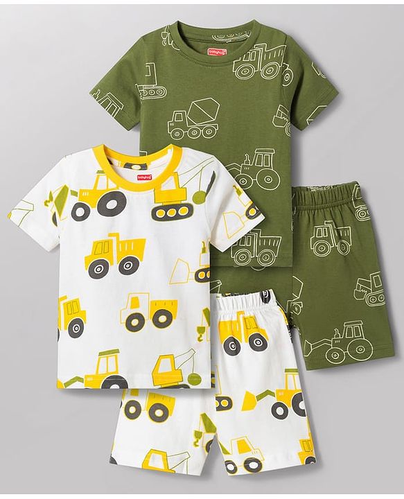 Babyhug 100% Cotton Knit Half Sleeves Co-Ords T-Shirt & Shorts Night Suit with Vehicle Print Pack of 2 - Green & White
