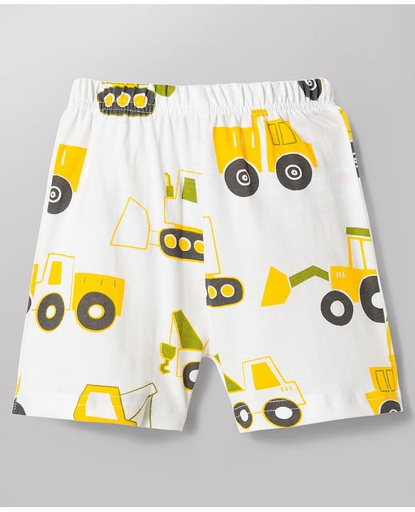 Babyhug 100% Cotton Knit Half Sleeves Co-Ords T-Shirt & Shorts Night Suit with Vehicle Print Pack of 2 - Green & White