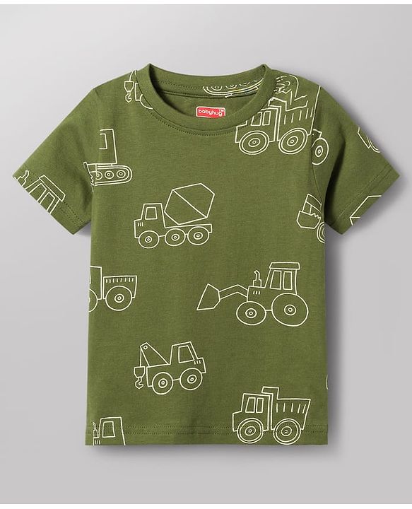 Babyhug 100% Cotton Knit Half Sleeves Co-Ords T-Shirt & Shorts Night Suit with Vehicle Print Pack of 2 - Green & White