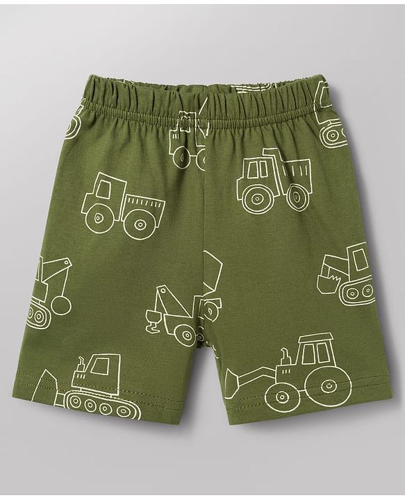 Babyhug 100% Cotton Knit Half Sleeves Co-Ords T-Shirt & Shorts Night Suit with Vehicle Print Pack of 2 - Green & White