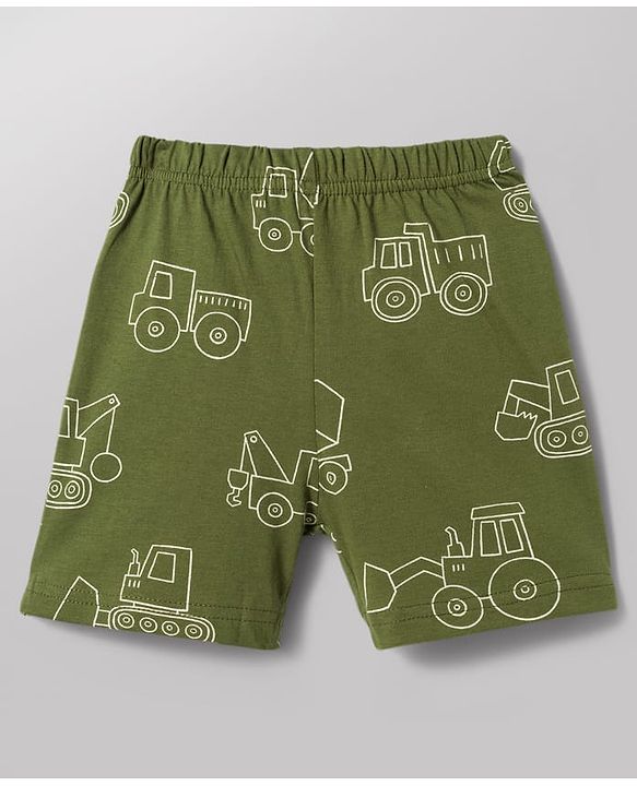 Babyhug 100% Cotton Knit Half Sleeves Co-Ords T-Shirt & Shorts Night Suit with Vehicle Print Pack of 2 - Green & White