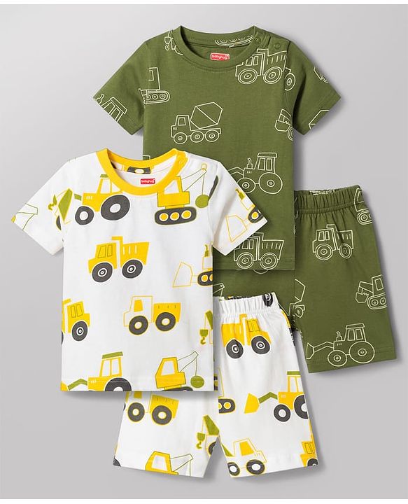Babyhug 100% Cotton Knit Half Sleeves Co-Ords T-Shirt & Shorts Night Suit with Vehicle Print Pack of 2 - Green & White