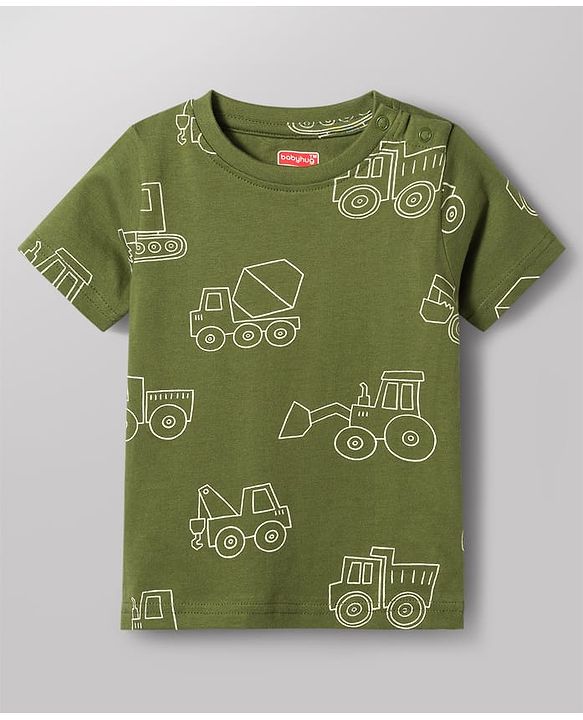 Babyhug 100% Cotton Knit Half Sleeves Co-Ords T-Shirt & Shorts Night Suit with Vehicle Print Pack of 2 - Green & White