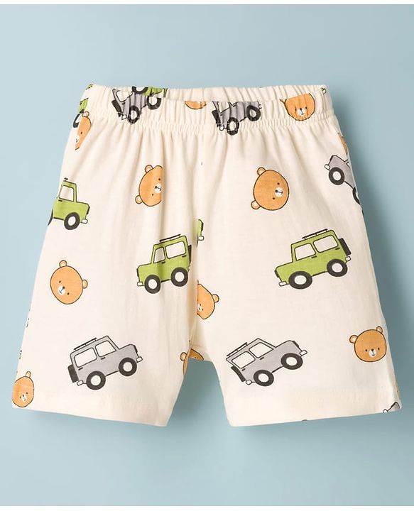 Babyhug Cotton Knit Half Sleeves T-Shirt & Shorts Night Suit With Jeep Print - White