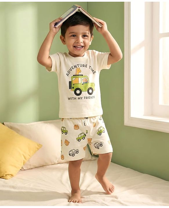 Babyhug Cotton Knit Half Sleeves T-Shirt & Shorts Night Suit With Jeep Print - White