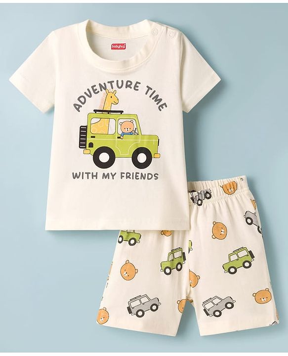 Babyhug Cotton Knit Half Sleeves T-Shirt & Shorts Night Suit With Jeep Print - White