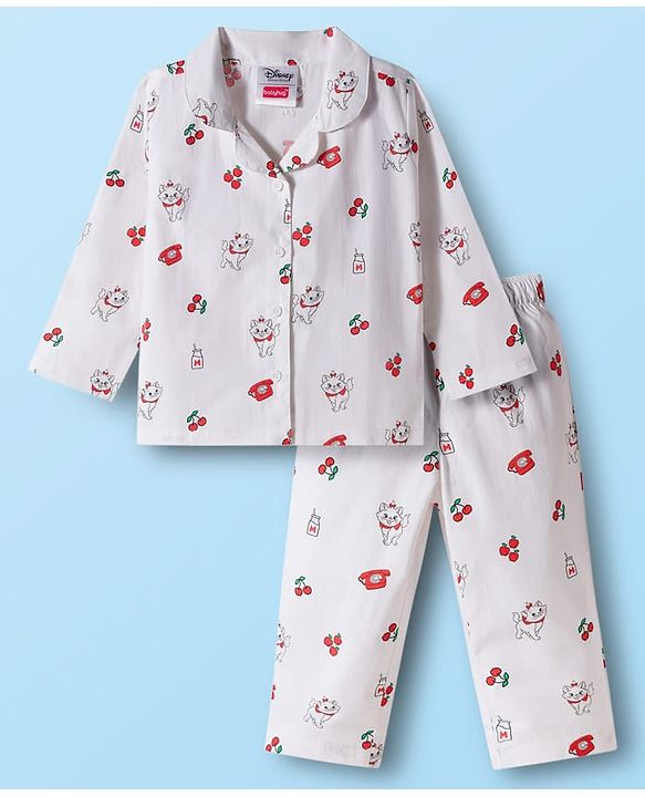Babyhug Disney Cotton Woven Full Sleeves Shirt & Pyjama Co-ord Night Suit With Marie Print - White