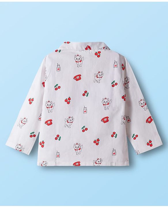 Babyhug Disney Cotton Woven Full Sleeves Shirt & Pyjama Co-ord Night Suit With Marie Print - White