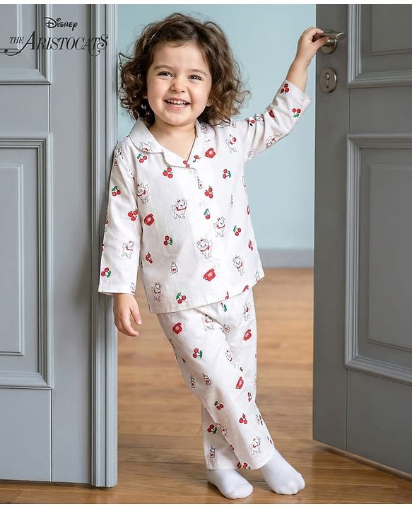Babyhug Disney Cotton Woven Full Sleeves Shirt & Pyjama Co-ord Night Suit With Marie Print - White