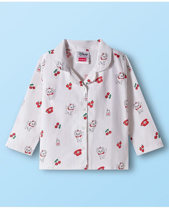 Babyhug Disney Cotton Woven Full Sleeves Shirt & Pyjama Co-ord Night Suit With Marie Print - White