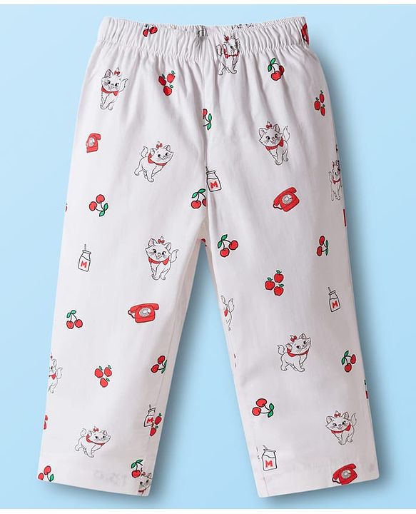 Babyhug Disney Cotton Woven Full Sleeves Shirt & Pyjama Co-ord Night Suit With Marie Print - White