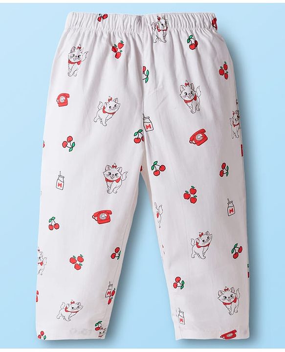 Babyhug Disney Cotton Woven Full Sleeves Shirt & Pyjama Co-ord Night Suit With Marie Print - White