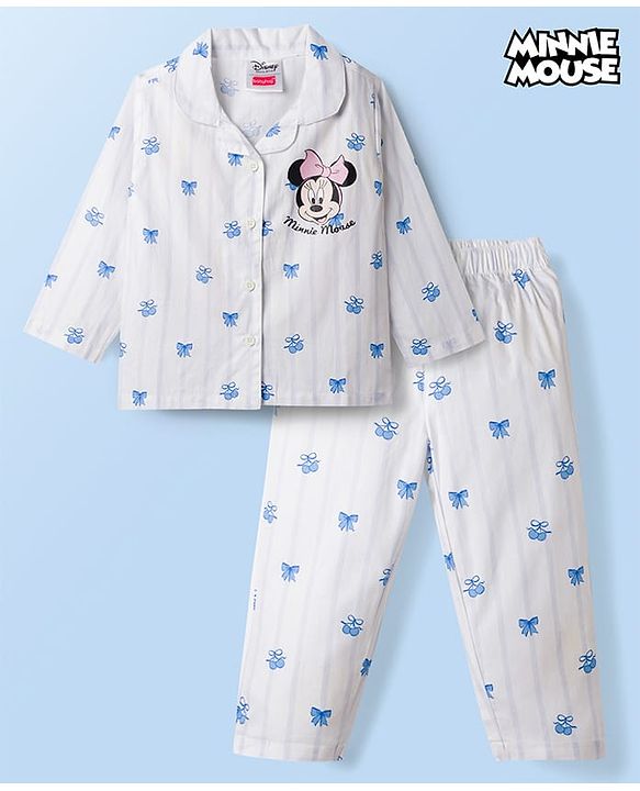 Babyhug Disney 100% Cotton Woven Full Sleeves Co-Ords Shirt & Pyjama Night Suit With Minnie Mouse Print - Light Blue & White