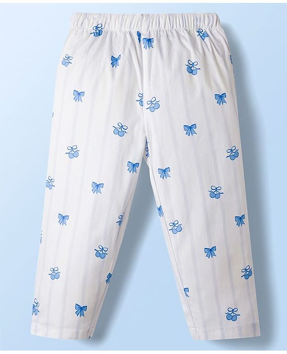 Babyhug Disney 100% Cotton Woven Full Sleeves Co-Ords Shirt & Pyjama Night Suit With Minnie Mouse Print - Light Blue & White