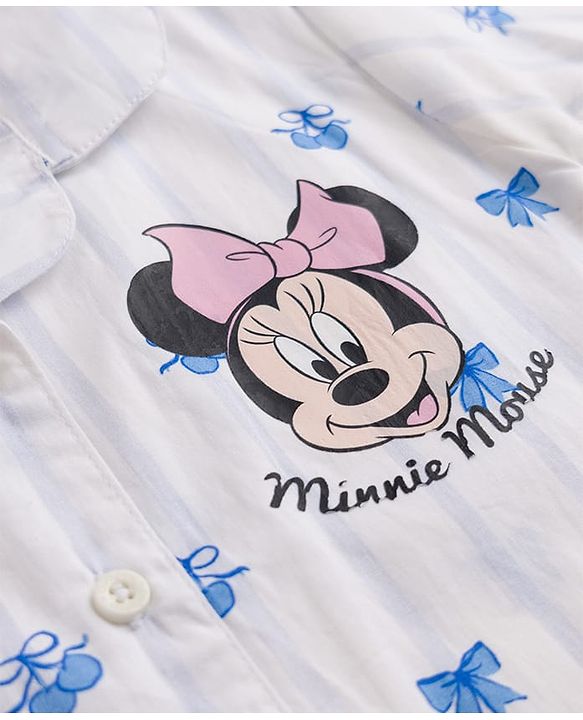 Babyhug Disney 100% Cotton Woven Full Sleeves Co-Ords Shirt & Pyjama Night Suit With Minnie Mouse Print - Light Blue & White