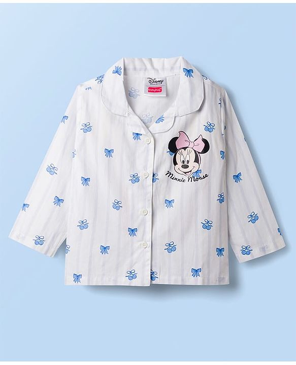 Babyhug Disney 100% Cotton Woven Full Sleeves Co-Ords Shirt & Pyjama Night Suit With Minnie Mouse Print - Light Blue & White