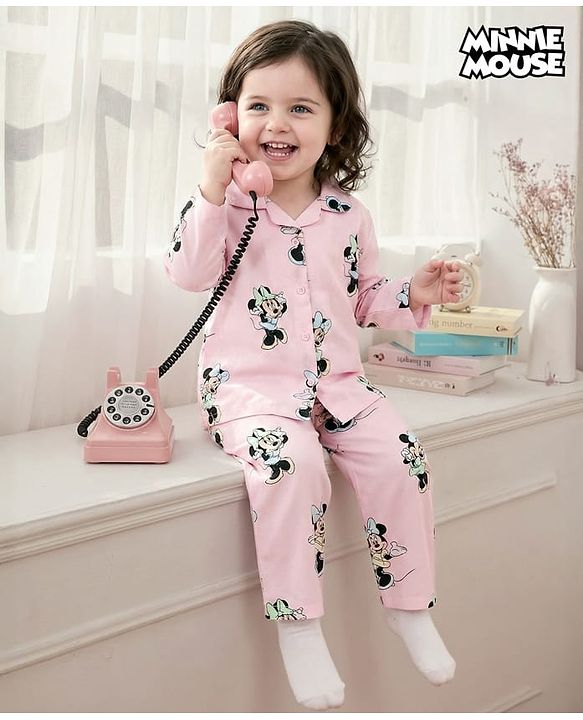 Babyhug Disney Cotton Woven Full Sleeves Shirt & Pyjama Co-ord Night Suit With Minnie Mouse Print - Pink