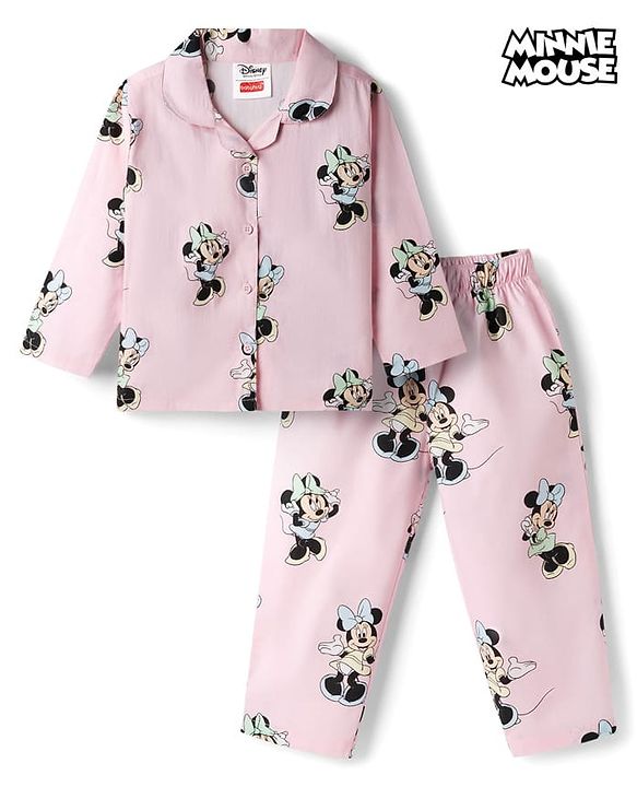 Babyhug Disney Cotton Woven Full Sleeves Shirt & Pyjama Co-ord Night Suit With Minnie Mouse Print - Pink