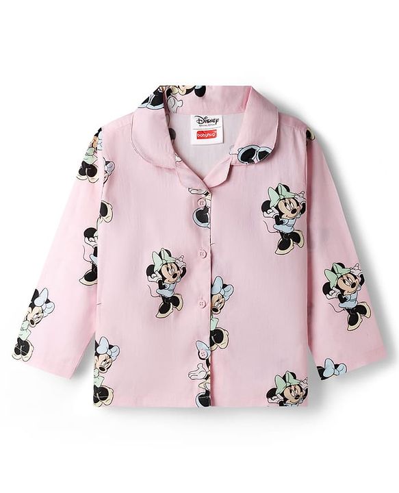 Babyhug Disney Cotton Woven Full Sleeves Shirt & Pyjama Co-ord Night Suit With Minnie Mouse Print - Pink