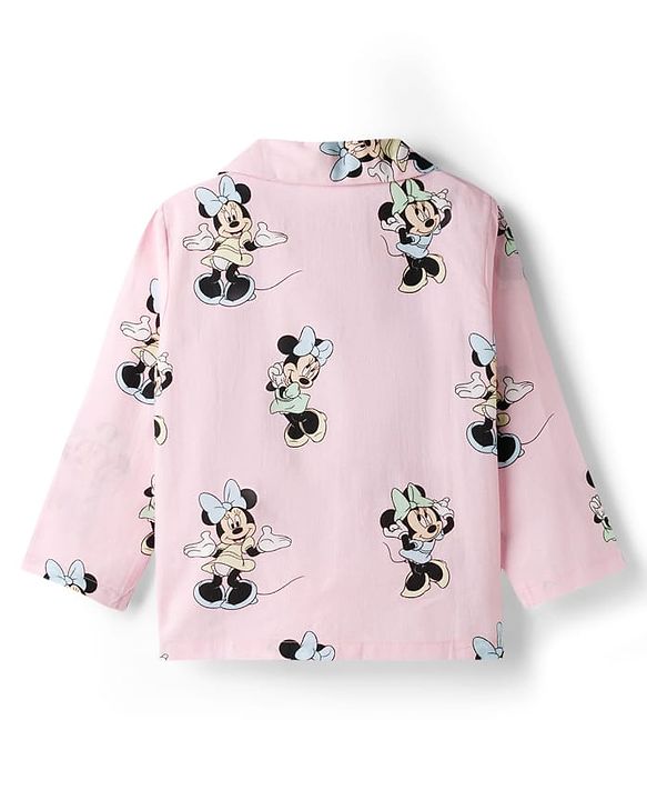 Babyhug Disney Cotton Woven Full Sleeves Shirt & Pyjama Co-ord Night Suit With Minnie Mouse Print - Pink