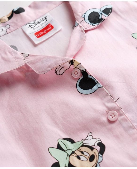 Babyhug Disney Cotton Woven Full Sleeves Shirt & Pyjama Co-ord Night Suit With Minnie Mouse Print - Pink