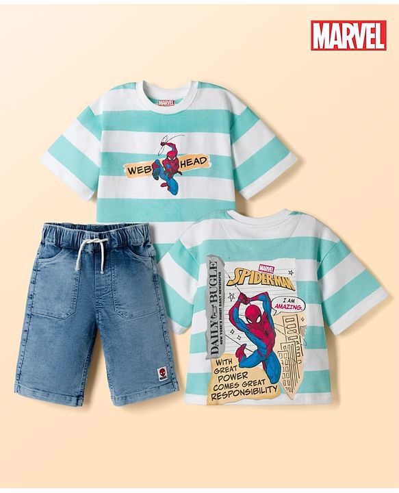 Pine Kids Marvel Terry Knit Half Sleeves T-Shirt & Denim Shorts Set With Front & Back Spider Man Print - Multicolor