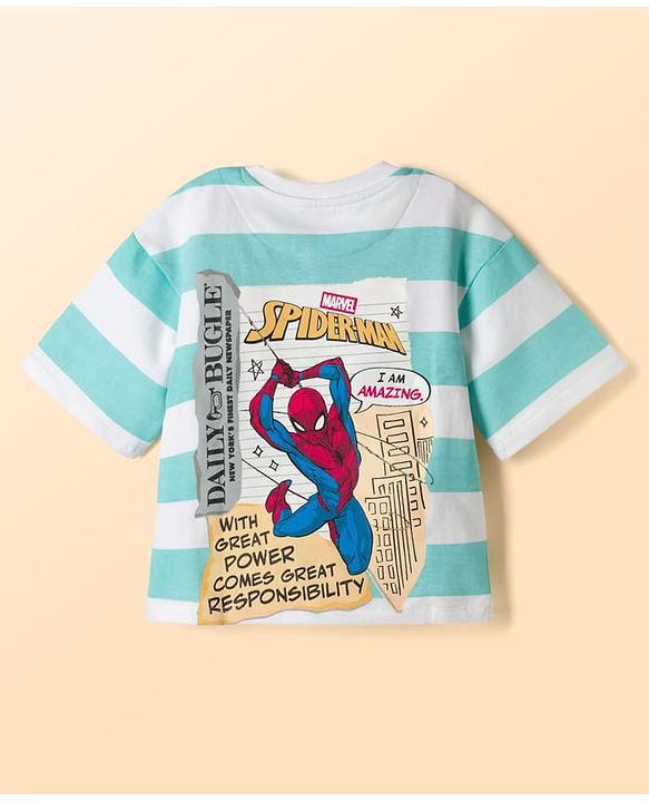 Pine Kids Marvel Terry Knit Half Sleeves T-Shirt & Denim Shorts Set With Front & Back Spider Man Print - Multicolor