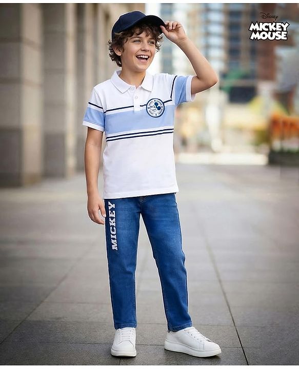 Pine Kids Disney Single Jersey Knit Half Sleeves Polo T-Shirt & Jeans Set With Mickey Mouse Graphics & Badge Detailing - Multicolor