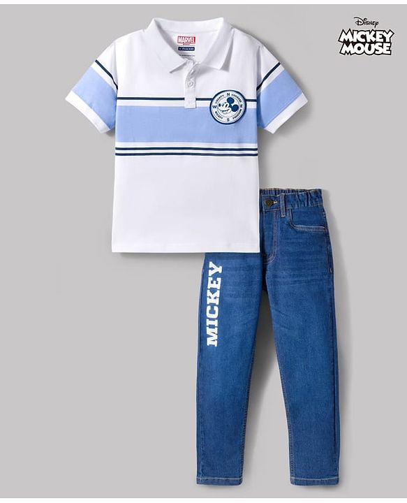 Pine Kids Disney Single Jersey Knit Half Sleeves Polo T-Shirt & Jeans Set With Mickey Mouse Graphics & Badge Detailing - Multicolor