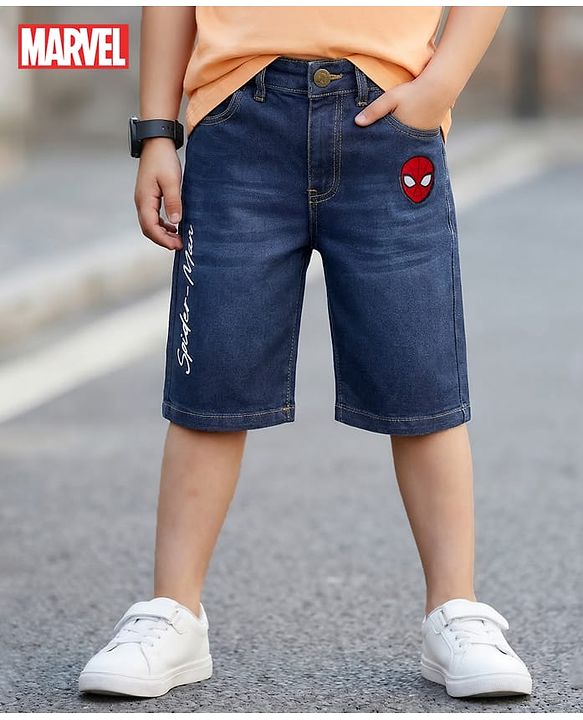Pine Kids Marvel 100% Cotton Woven Knee Length Shorts With Spider Man Graphics & Patch - Navy Blue